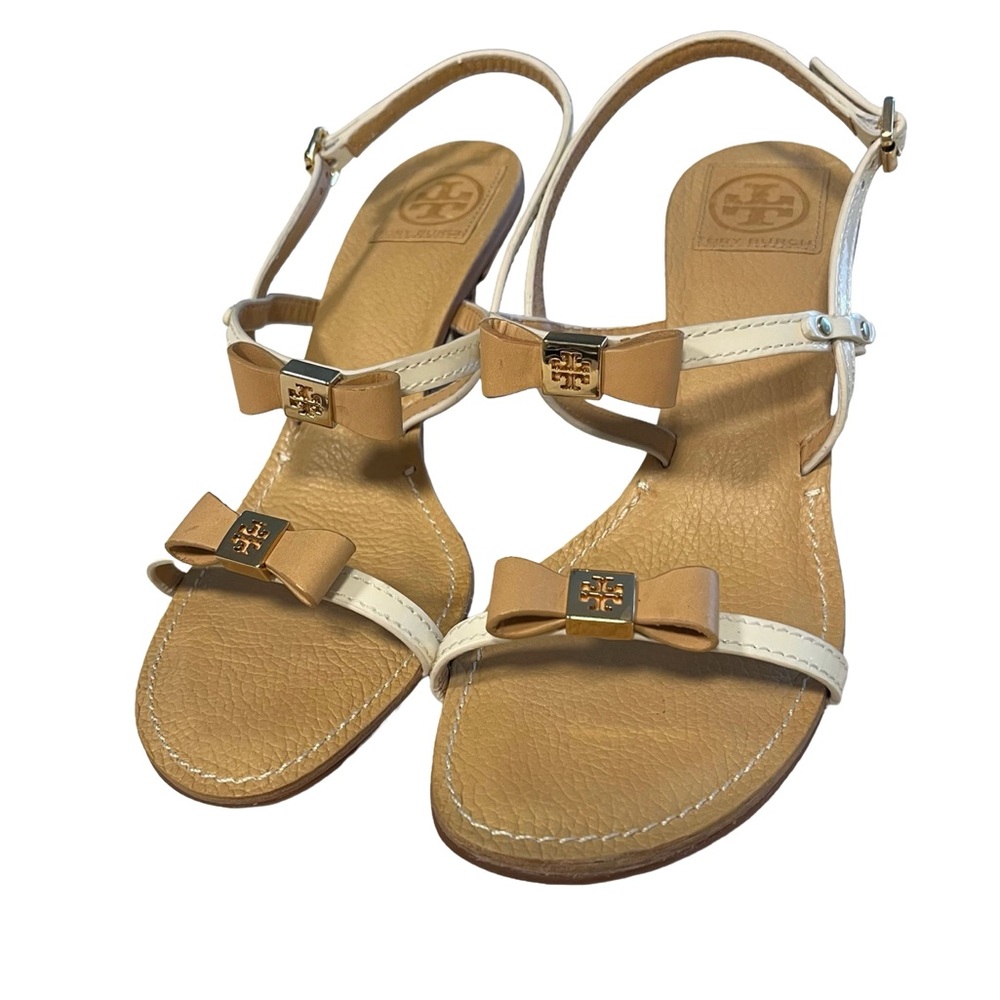 Tory Burch Kailey Cream / Tan Bow Sz 10 Patent Leather Kitten Heel Sandal EUC